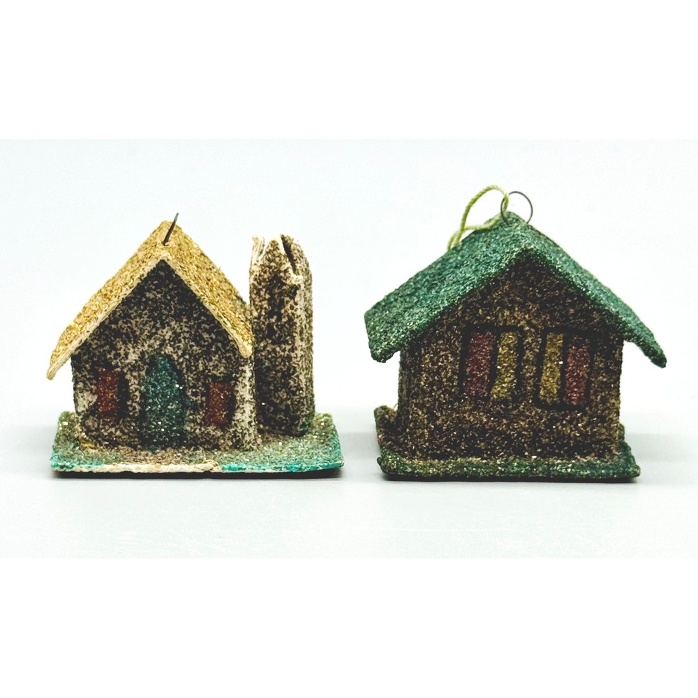 Putz House Ornaments Glitter Mica Mid Century Japan Set‎ of 2 MCM 1950s